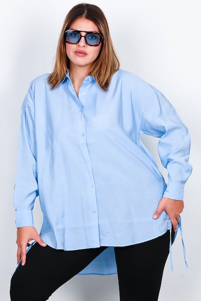 Büyük Beden Owersize Yan Bağcıklı Gömlek  Buz Mavisi