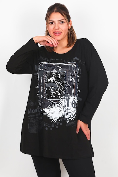 Büyük Beden Önü Kot Detay Uzun Kollu Bluz 