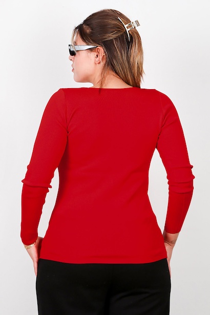 Büyük Beden Kare Yaka Uzun Kol Bluz  Kırmızı 6