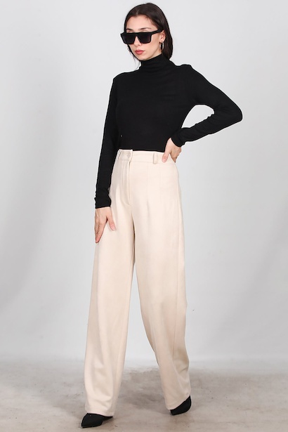 Kadın Süet Pileli Pantolon  Bej 6