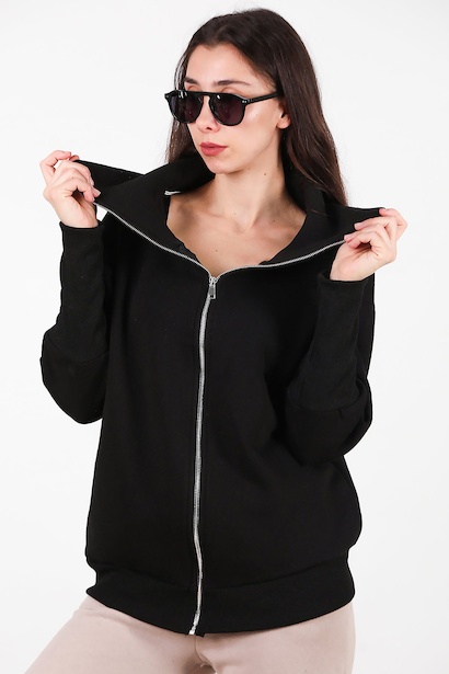Kadın Dik Yaka Fermuarlı Sweat  Siyah 6