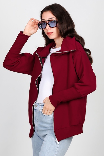 Kadın Dik Yaka Fermuarlı Sweat  Bordo 6