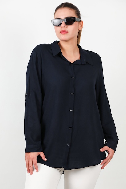 Büyük Beden Kol Katlamalı Gömlek  Lacivert 6
