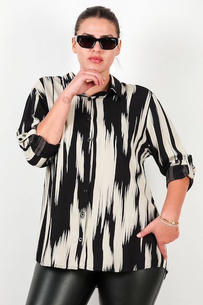 Büyük Beden Desenli Kol Katlamalı Gömlek 