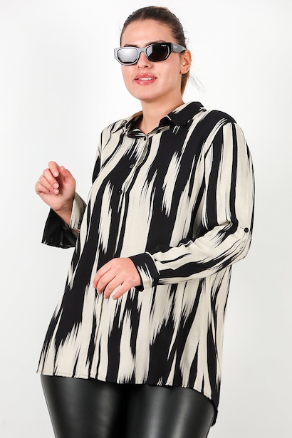 Büyük Beden Desenli Kol Katlamalı Gömlek  Siyah 6