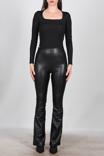 Kadın İspanyol Paça Deri Tayt  Siyah 6