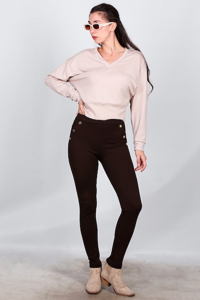 Kadın Sahte Cep Düğme Detay Tayt  Kahverengi 6