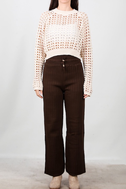 Kadın Bel Ip Detay Triko Pantolon  Kahverengi 6