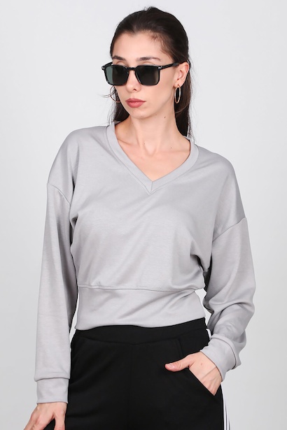 Kadın V Yaka Uzun Kol Sweat 