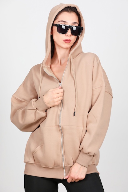 Kadın Fermuarlı Kapşonlu Sweet  Bej 6
