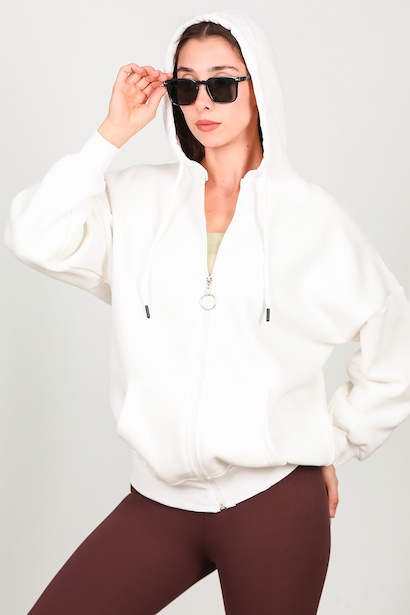 Kadın Fermuarlı Kapşonlu Sweet  Ekru 6