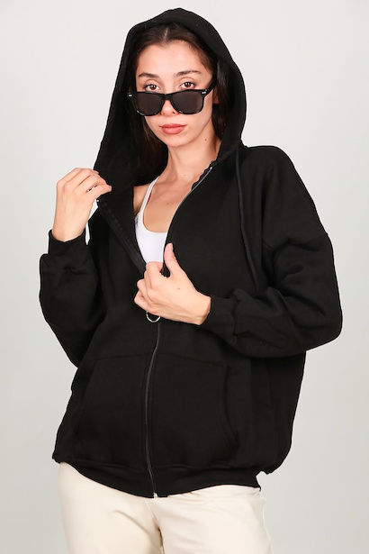 Kadın Fermuarlı Kapşonlu Sweet  Siyah 6