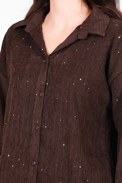 Kadın Kadife Pullu Gömlek  Kahverengi 6