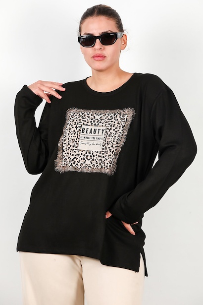 Büyük Beden Leopar Taş İşlemeli Bluz 
