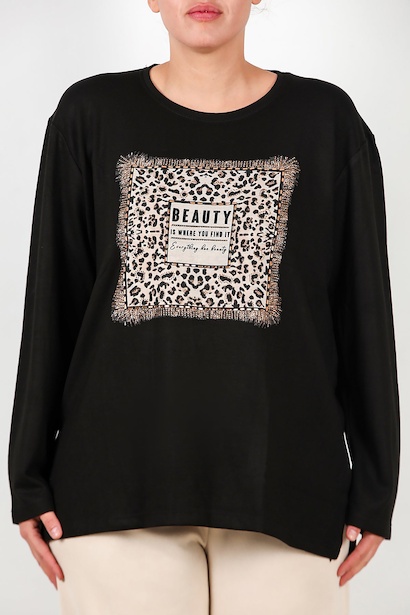Büyük Beden Leopar Taş İşlemeli Bluz  Siyah 6