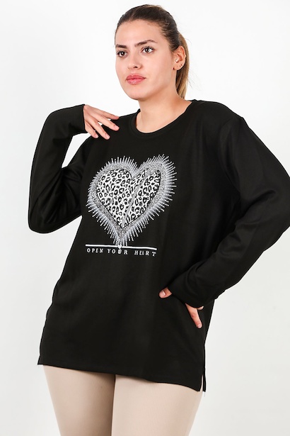 Büyük Beden Kalp Taş İşlemeli Bluz 