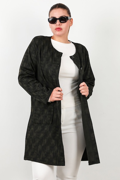 Büyük Beden Likralı Önü Düğmeli Cepli Ceket  Haki 6