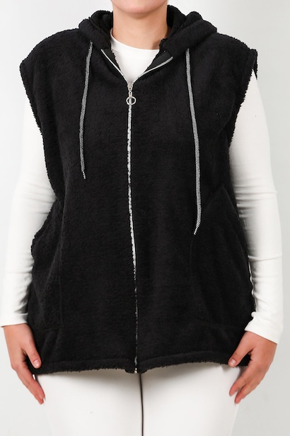 Büyük Beden Fermuarlı Kapşonlu Peluş Yelek  Siyah 6