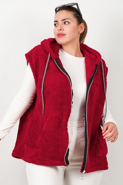 Büyük Beden Fermuarlı Kapşonlu Peluş Yelek  Kırmızı 6