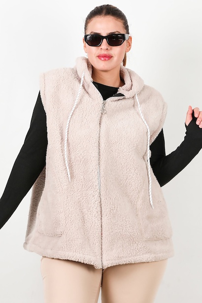 Büyük Beden Fermuarlı Kapşonlu Peluş Yelek  Taş 6