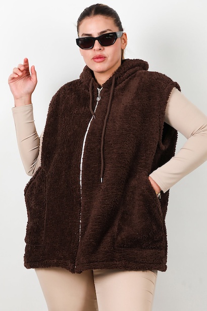 Büyük Beden Fermuarlı Kapşonlu Peluş Yelek 