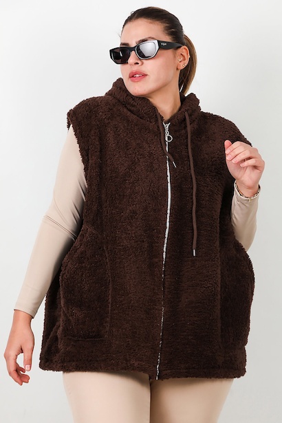 Büyük Beden Fermuarlı Kapşonlu Peluş Yelek  Kahverengi 6