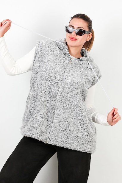 Büyük Beden Fermuarlı Kapşonlu Peluş Yelek 