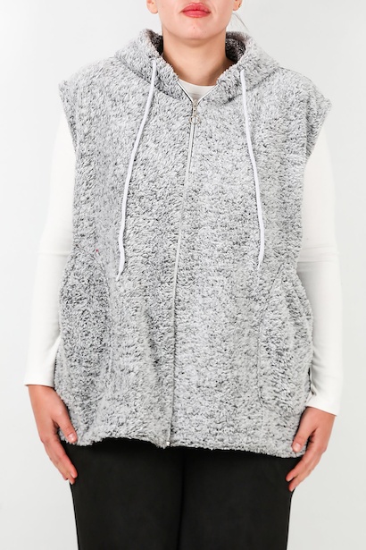 Büyük Beden Fermuarlı Kapşonlu Peluş Yelek  Gri 6