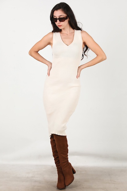 Kadın Triko Elbise İkili Takım  Krem 6