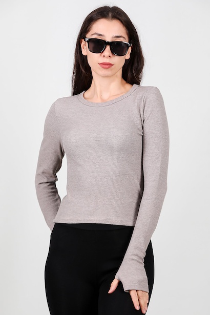 Kadın Parmak Geçmeli Waffle Bluz  Vizon 6