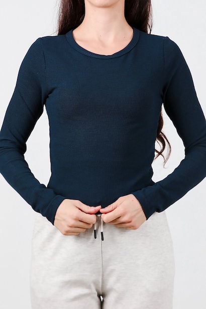 Kadın Parmak Geçmeli Waffle Bluz  Lacivert 6