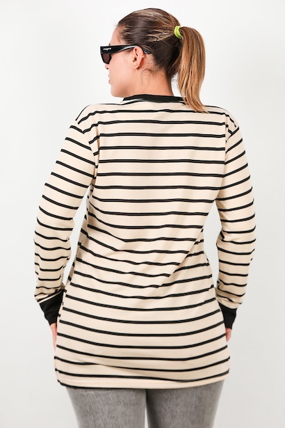 Büyük Beden Yan Yırtmaçlı Bisiklet Yaka Çizgili Tunik  Siyah 6