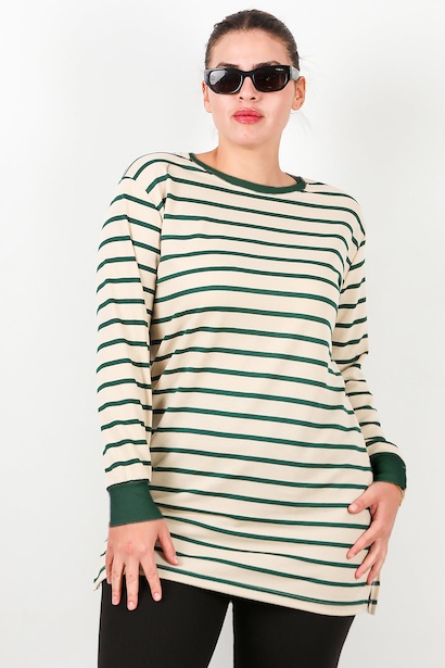 Büyük Beden Yan Yırtmaçlı Bisiklet Yaka Çizgili Tunik 