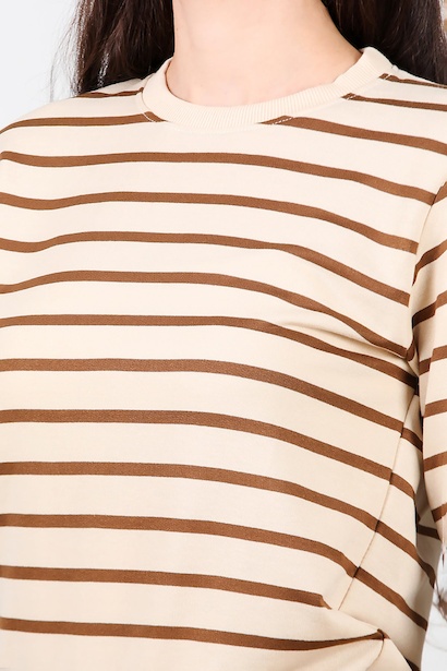Kadın Çizgili Bisiklet Yaka Sweet  Kahverengi 9