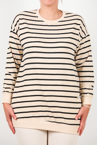 Büyük Beden Bisiklet Yaka Çizgili Tunik  Siyah 6