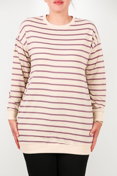 Büyük Beden Bisiklet Yaka Çizgili Tunik  Mor 6