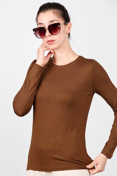 Kadın Bisiklet Yaka Uzun Kol Penye Bluz  Kahverengi 6