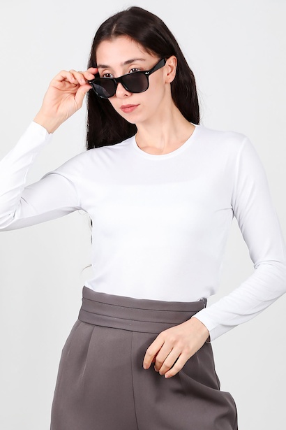 Kadın Bisiklet Yaka Uzun Kol Penye Bluz  Beyaz 6