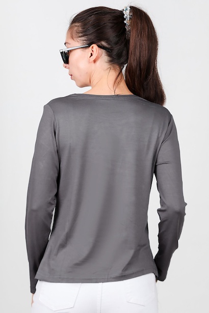 Kadın Bisiklet Yaka Uzun Kol Penye Bluz  Gri 6