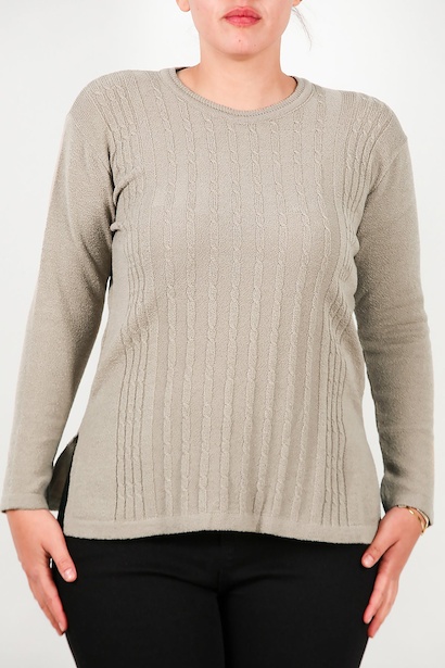 Büyük Beden Bisiklet Yaka Triko Bluz  Bej 6