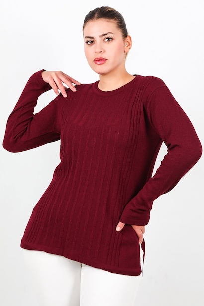 Büyük Beden Bisiklet Yaka Triko Bluz  Bordo