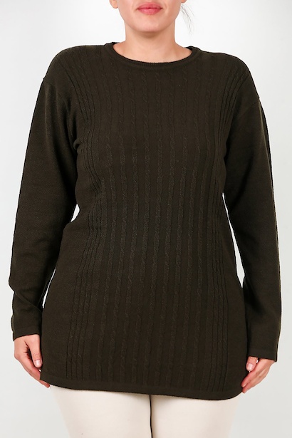 Büyük Beden Bisiklet Yaka Triko Bluz  Haki 6