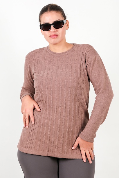 Büyük Beden Bisiklet Yaka Triko Bluz  Gül Kurusu