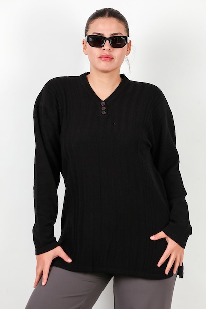 Büyük Beden V Yaka Üç Düğmeli Triko Bluz 