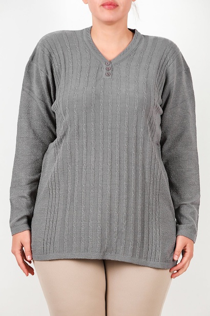 Büyük Beden V Yaka Üç Düğmeli Triko Bluz Gri 6