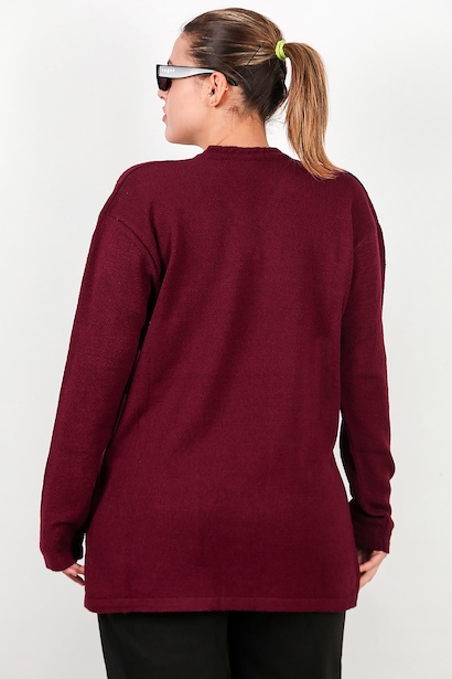 Büyük Beden V Yaka Üç Düğmeli Triko Bluz Bordo 6