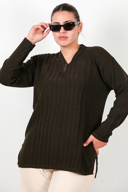 Büyük Beden V Yaka Üç Düğmeli Triko Bluz