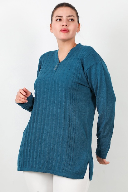 Büyük Beden V Yaka Üç Düğmeli Triko Bluz