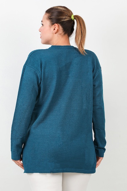 Büyük Beden V Yaka Üç Düğmeli Triko Bluz Mavi 6