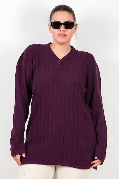 Büyük Beden V Yaka Üç Düğmeli Triko Bluz